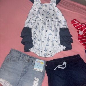 Nautical Romper with Navy Ruffles and 2 pair of shorts 2T